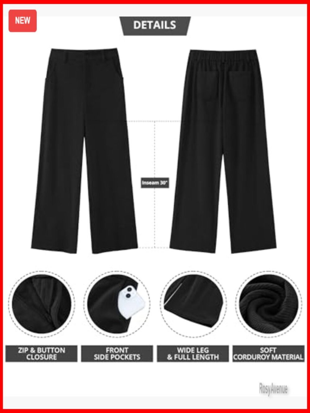 High Waisted Wide Leg Corduroy Pants with Pockets, Elastic Waist, Fall Business - Picture 6 of 7
